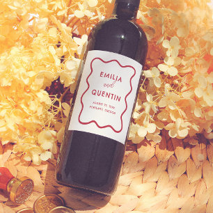 Modern Colourful Funky Wavy Frame Retro Wedding Wine Label