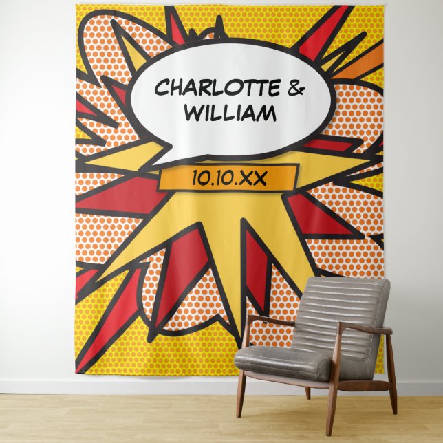 Modern Colourful Geometric Comic Book Wedding Tapestry (In Situ)
