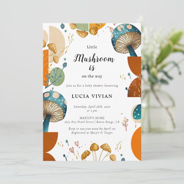 Modern Colourful Geometric Mushroom Baby Shower Invitation (Standing Front)
