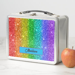 Modern Colourful Glitter Rainbow Name Metal Lunch Box