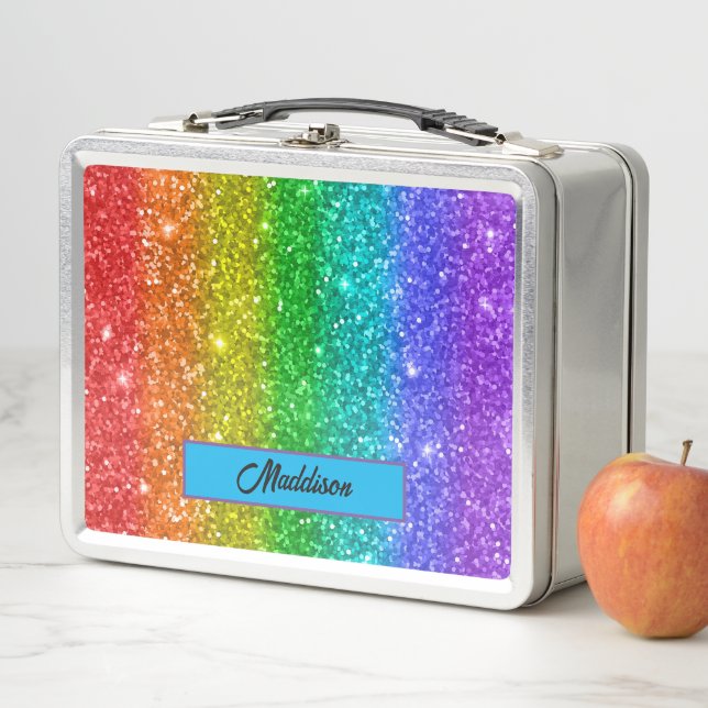 Modern Colourful Glitter Rainbow Name Metal Lunch Box (In Situ)