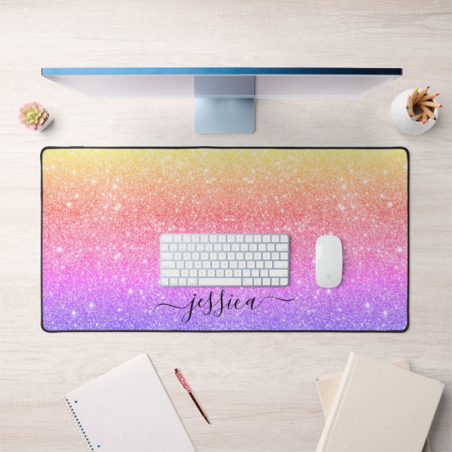 Modern colourful glitter script name desk mat (Office 1)