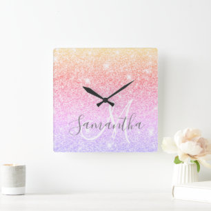 Modern Colourful Glitter Sparkles Personalized Nam Square Wall Clock