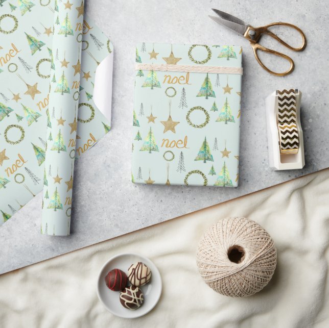 Modern Colourful Gold Pine Tree Watercolor Pattern Wrapping Paper (Crafts)