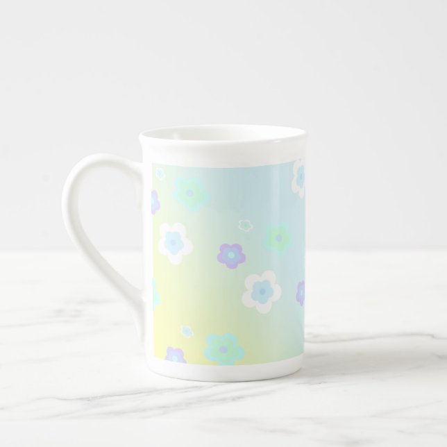 Modern colourful gradient blue flower pattern girl bone china mug (Left)