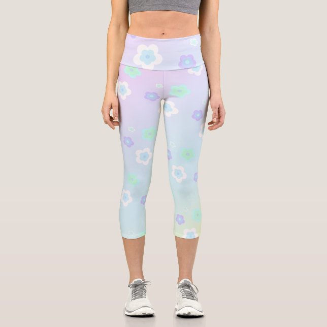 Modern colourful gradient blue flower pattern girl capri leggings (Front)