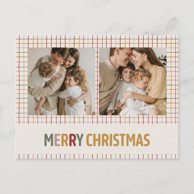 Modern Colourful Grid Merry Christmas Two Photo Holiday Postcard