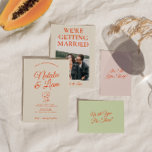 Modern Colourful  Hand Drawn Retro Fun Wedding  Invitation<br><div class="desc">This wedding invitation is perfect for your wedding with unique design. An elegant unique simple minimalist white cream wedding template invitation. Which features plain white creamy background. And orange bold funky bride's and groom's first names under it two hand drawn wine glasses. And editable info and photo on the back...</div>