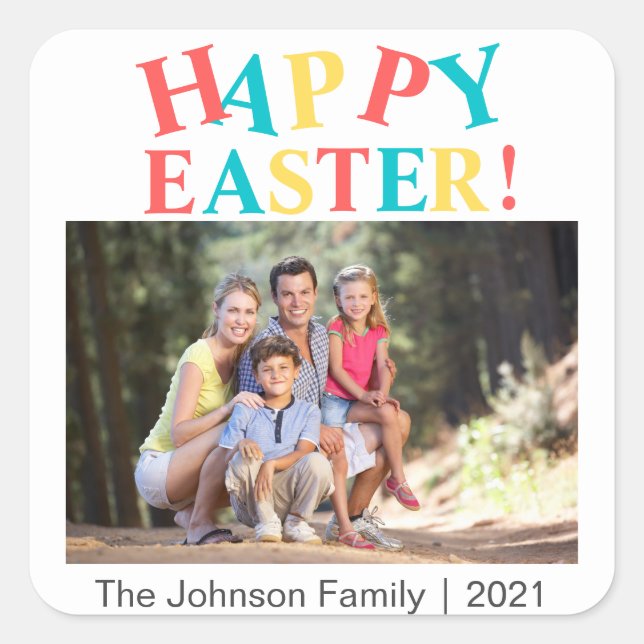 Modern Colourful Happy Easter Photo Personalized Square Sticker (Front)