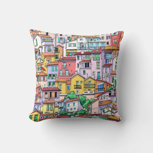 Modern Colourful House Building Pattern Throw Pillow (Front)