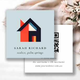 Modern Colourful House Logo Realtor Blue QR Code Square Business Card