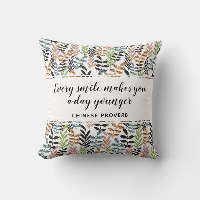 Modern Colourful Inspiring Be Happy Quote Greenery Throw Pillow (Front)