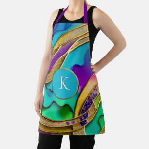 Modern Colourful Jewel Abstract & Gold Monogram Apron