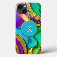 Modern Colourful Jewel Abstract & Gold Monogram