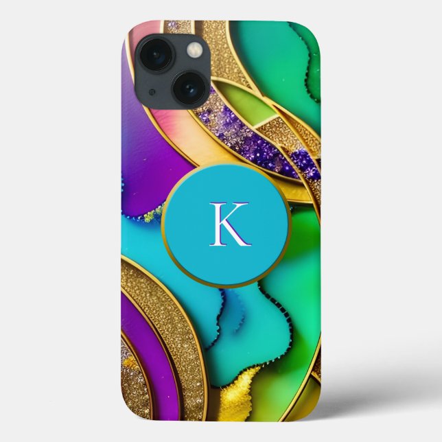 Modern Colourful Jewel Abstract & Gold Monogram Case-Mate iPhone Case (Back)