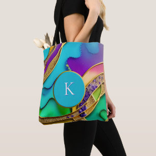 Modern Colourful Jewel Abstract & Gold Monogram Tote Bag