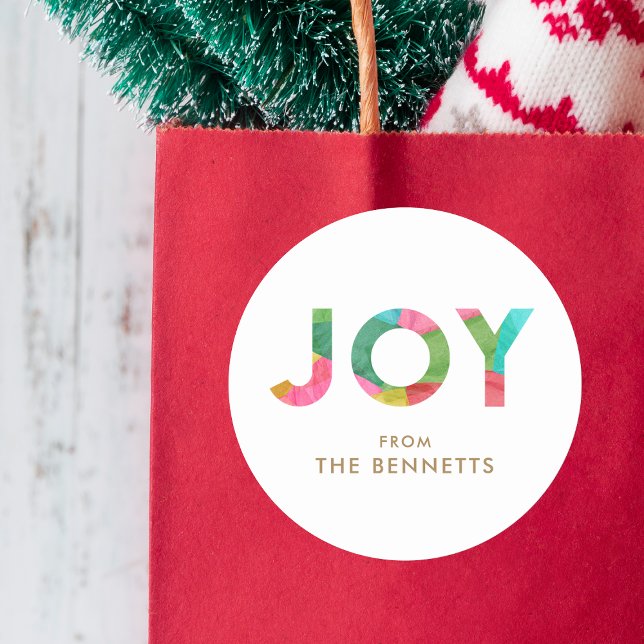 Modern Colourful JOY Personalized Christmas Classic Round Sticker (Creator Uploaded)