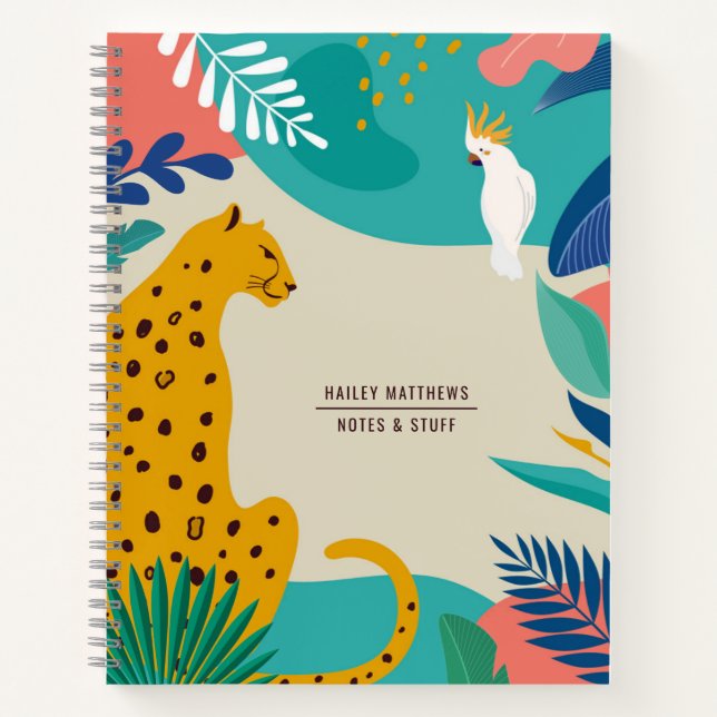 Modern Colourful Jungle Leopard Name Notebook (Front)