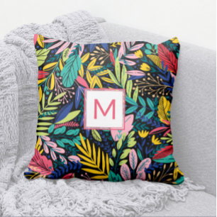 Modern Colourful Line Art Leaves Coral Monogram  Throw Pillow
