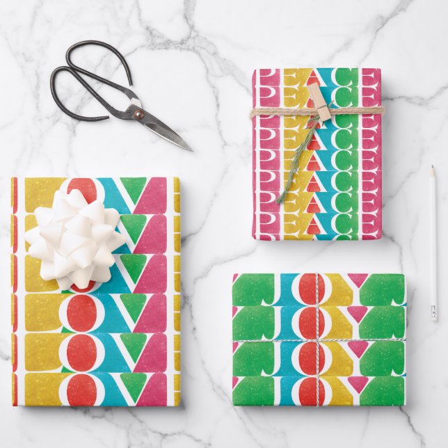 MODERN colourful LOVE PEACE JOY merry christmas Wrapping Paper Sheet (Front)