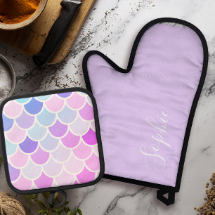 Modern Colourful Lovely Mermaid Seamless Pattern Oven Mitt & Pot Holder Set