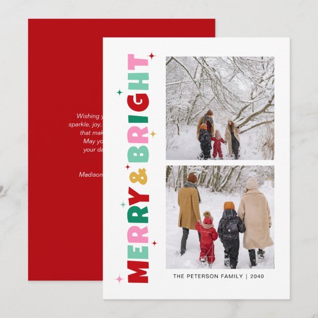 Modern Colourful Merry & Bright 2 Photo Holiday Card (Front/Back)