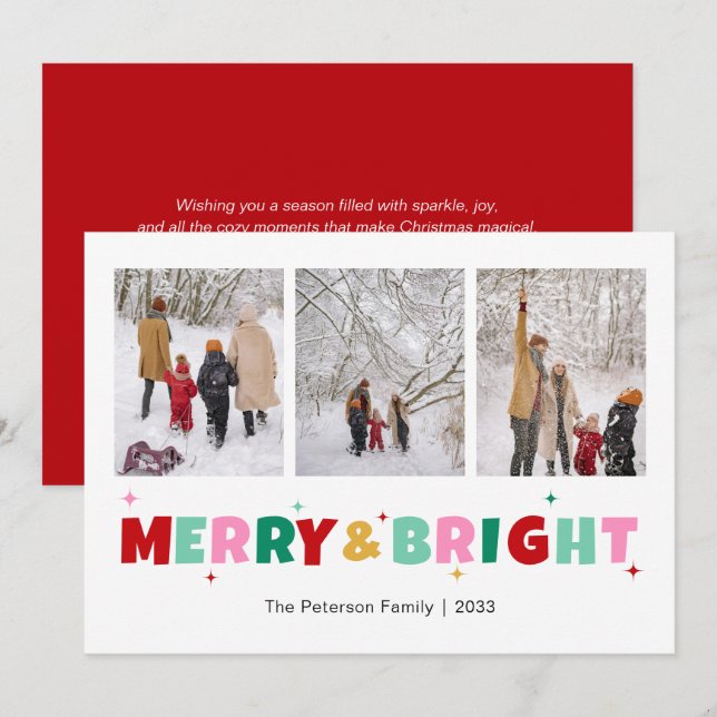Modern Colourful Merry & Bright 3 Photo Holiday Card (Front/Back)
