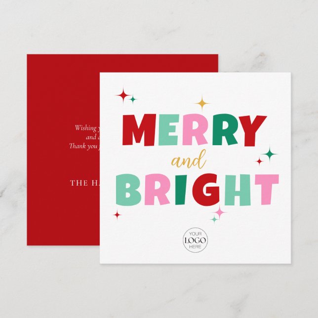 Modern Colourful Merry & Bright Business Logo  Holiday Card (Front/Back)