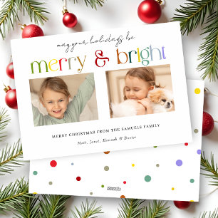 Modern Colourful Merry & Bright Typography 2-Photo Holiday Card
