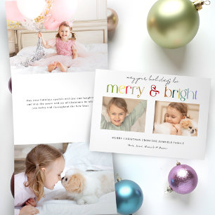 Modern Colourful Merry & Bright Typography 2-Photo Tri-Fold Holiday Card