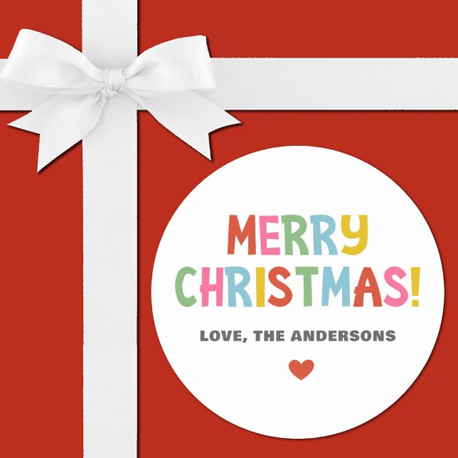 Modern Colourful Merry Christmas Classic Round Sticker ( colorful merry Christmas sticker with colorful typography. So fun for decorating your xmas gifts.)