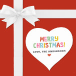 Modern Colourful Merry Christmas Heart Sticker<br><div class="desc">A colourful,  fun and festive Christmas heart shaped sticker. Personalize it with your name.</div>