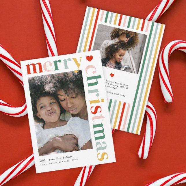 Modern Colourful Merry Christmas Photo Holiday Card (A modern colorful typography 2 photo merry Christmas holiday card.)