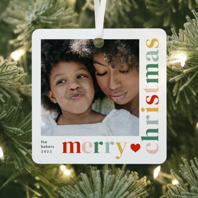Modern Colourful Merry Christmas Photo Metal Ornament (Insitu)