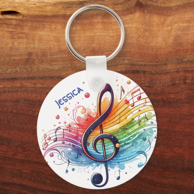 Modern Colourful Music Note Customizable Name  Keychain (Front)