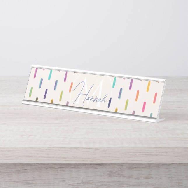 Modern Colourful Neon Glitch Brushstrokes Desk Name Plate (Front)