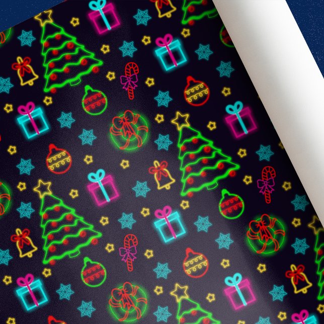 Modern Colourful Neon Lights Christmas  Wrapping Paper (Creator Uploaded)