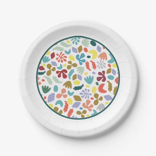 Modern Colourful Organic Patterned White Border Paper Plate (Front)
