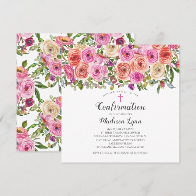 Modern Colourful Pink Floral Confirmation Invitation (Front/Back)