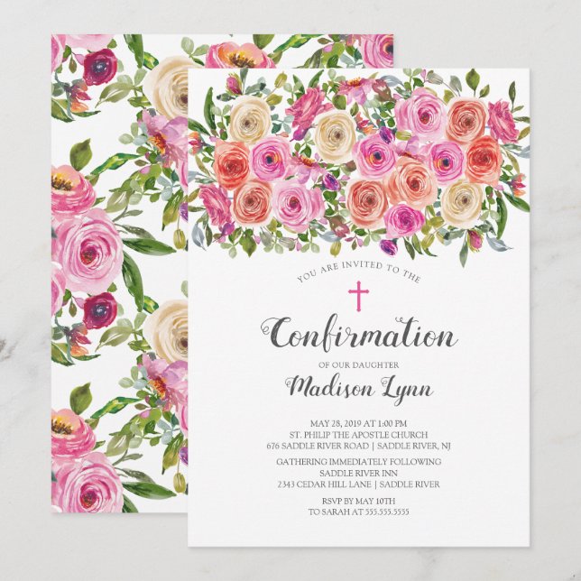 Modern Colourful Pink Floral & Cross Confirmation Invitation (Front/Back)