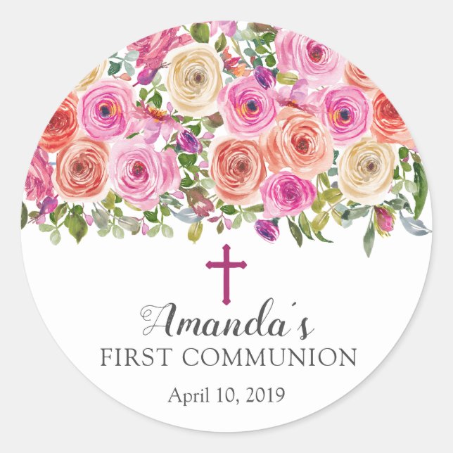 Modern Colourful Pink Floral First Communion Classic Round Sticker (Front)