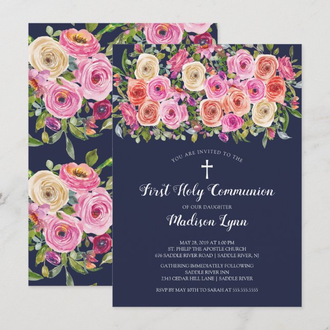 Modern Colourful Pink Floral First Holy Communion Invitation (Front/Back)