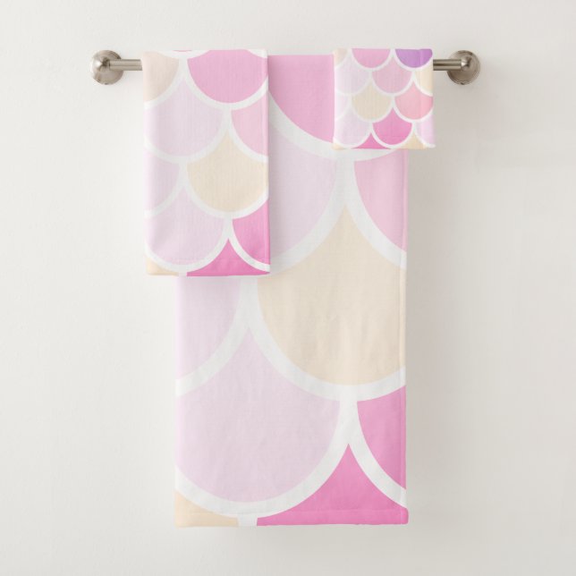 Modern Colourful Pink Mermaid Scales Pattern Bath Towel Set (Insitu)
