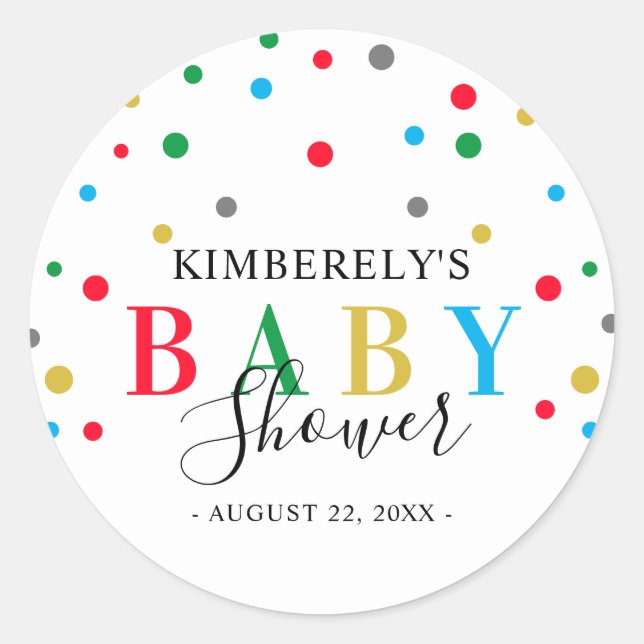 Modern Colourful Polka Dot Unisex Baby Shower Classic Round Sticker (Front)