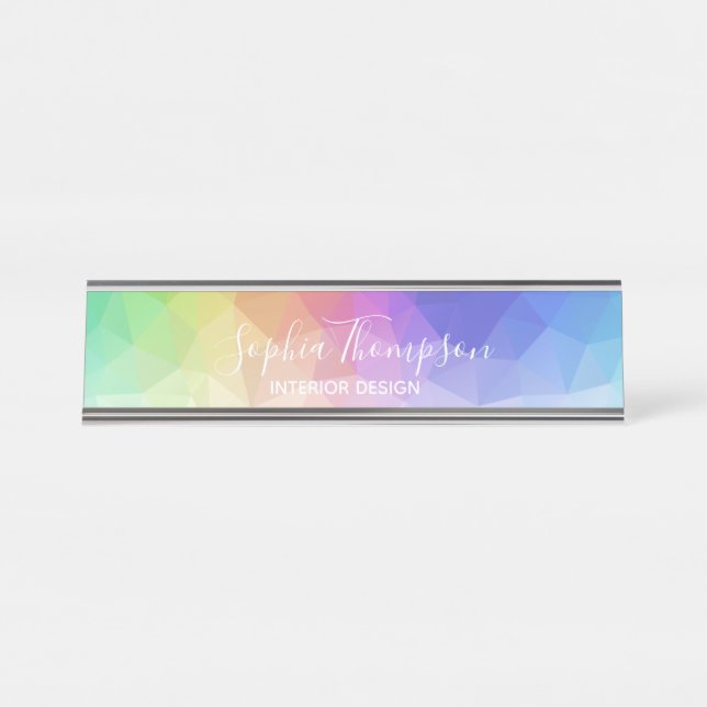 Modern Colourful Rainbow Polygonal Desk Name Plate (Front)