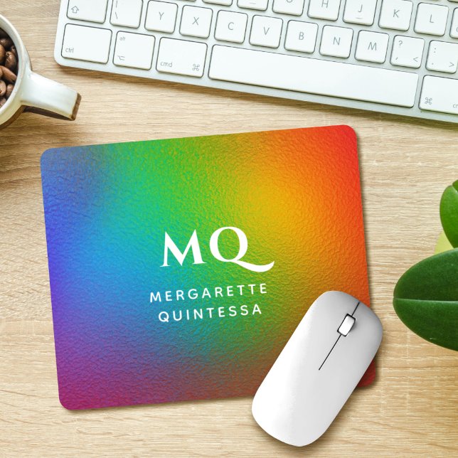 Modern Colourful Rainbow White Monogram Initial Mouse Pad (Creator Uploaded)