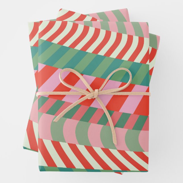 Modern Colourful Red Green Pink Geometric Stripes Wrapping Paper Sheet (In situ)
