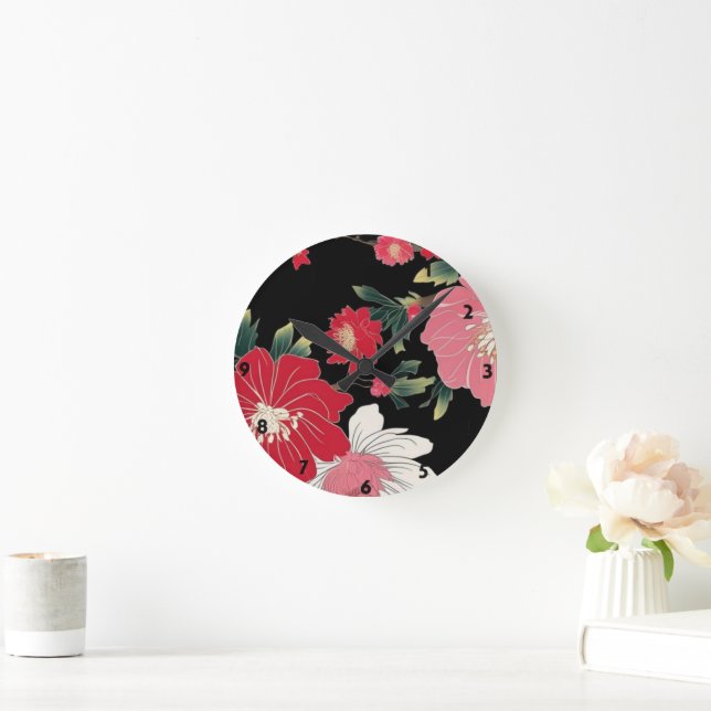 Modern Colourful Sakura Flower Japan Birthday part Round Clock (Home)