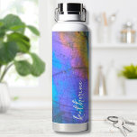 Modern Colourful Script Name Water Bottle<br><div class="desc">Stunning and colourful rainbow hued labradorite stone photo makes the perfect backdrop for a simple and modern design. This is a closeup of a real natural labradorite stone with blue,  purple,  pink,  yellow,  and green.  Personalized Trendy Stylish Colourful Stone Name Water Bottle.</div>