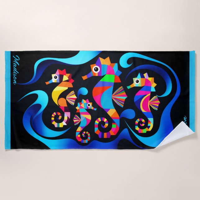 Modern Colourful Seahorses Customizable Beach Towel (Front)